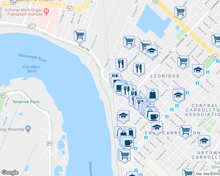map of restaurants, bars, coffee shops, grocery stores, and more near 1125 General Ogden Street in New Orleans