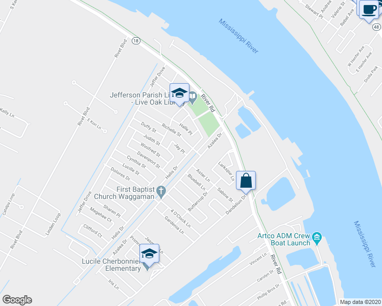 map of restaurants, bars, coffee shops, grocery stores, and more near 237 Helis Drive in Westwego