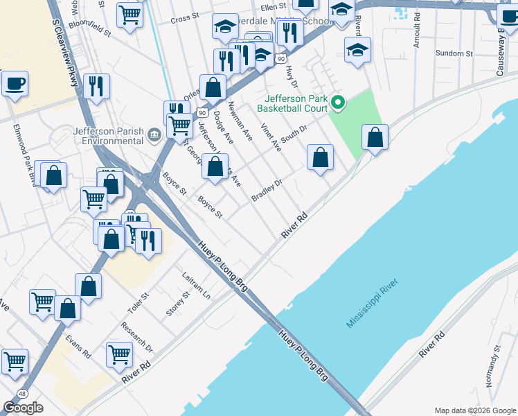 map of restaurants, bars, coffee shops, grocery stores, and more near 154 Jefferson Heights Avenue in New Orleans