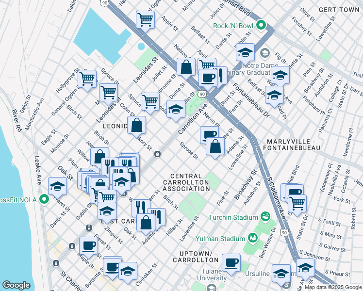 map of restaurants, bars, coffee shops, grocery stores, and more near 8000 Spruce Street in New Orleans