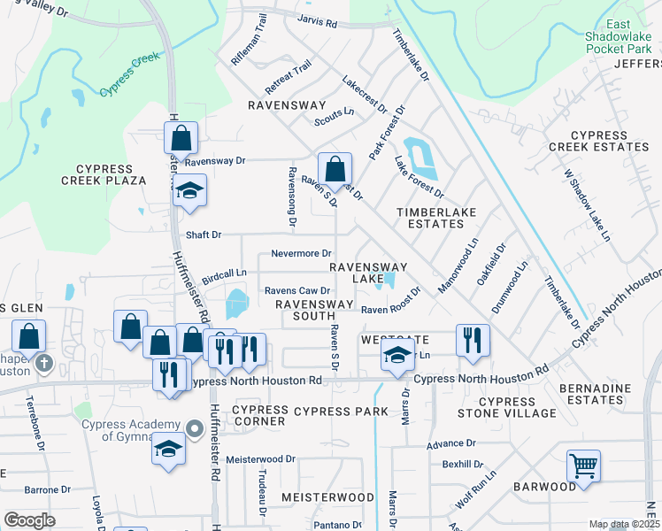 map of restaurants, bars, coffee shops, grocery stores, and more near 13302 Birdcall Lane in Cypress