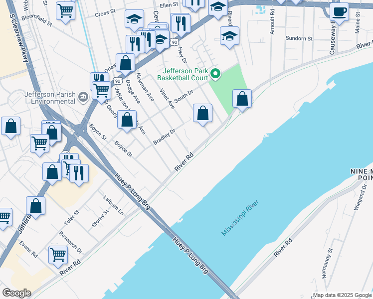 map of restaurants, bars, coffee shops, grocery stores, and more near 112 Newman Avenue in Jefferson