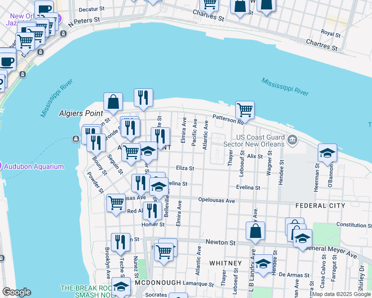 map of restaurants, bars, coffee shops, grocery stores, and more near 400 Elmira Avenue in New Orleans