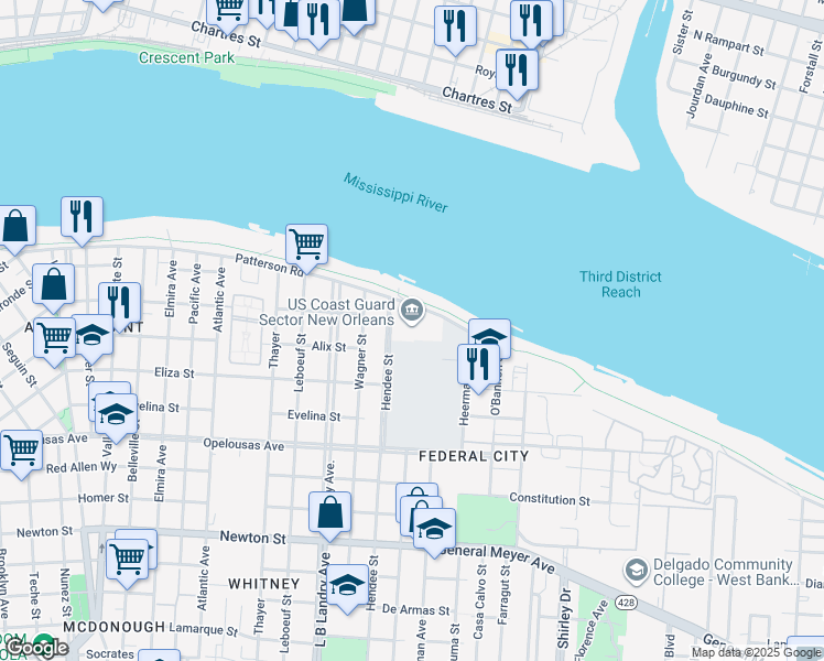 map of restaurants, bars, coffee shops, grocery stores, and more near 401 Hendee Street in New Orleans