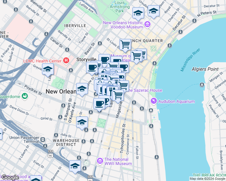 map of restaurants, bars, coffee shops, grocery stores, and more near 121 Saint Charles Avenue in New Orleans