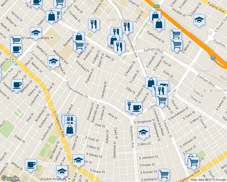 map of restaurants, bars, coffee shops, grocery stores, and more near 4409 Walmsley Avenue in New Orleans