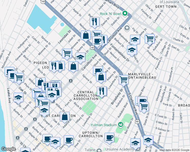 map of restaurants, bars, coffee shops, grocery stores, and more near 2029 Fern Street in New Orleans
