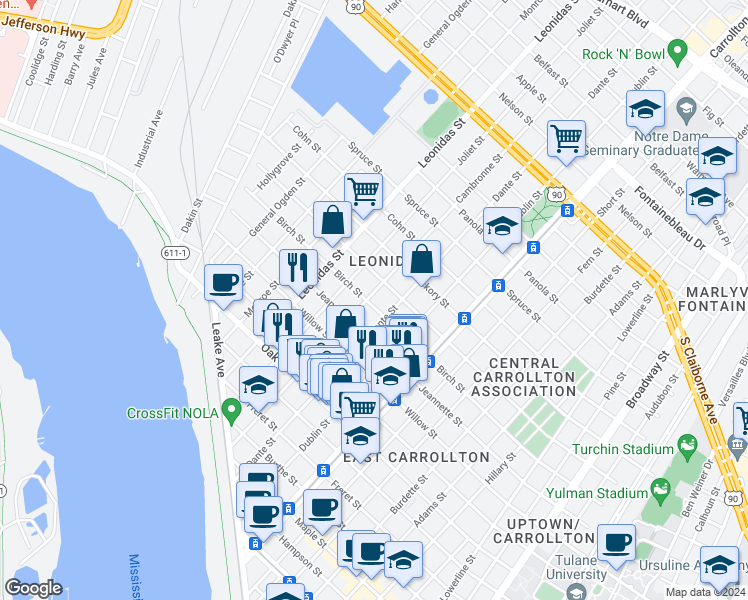 map of restaurants, bars, coffee shops, grocery stores, and more near in New Orleans