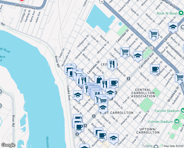 map of restaurants, bars, coffee shops, grocery stores, and more near 8525 Willow Street in New Orleans
