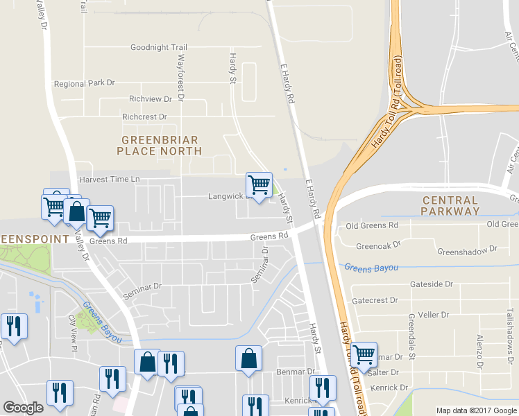 map of restaurants, bars, coffee shops, grocery stores, and more near 1100 Langwick Drive in Houston