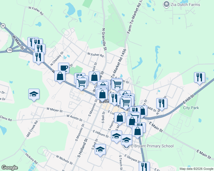 map of restaurants, bars, coffee shops, grocery stores, and more near 121 North Holland Street in Bellville