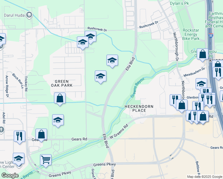 map of restaurants, bars, coffee shops, grocery stores, and more near Ella Boulevard in Houston