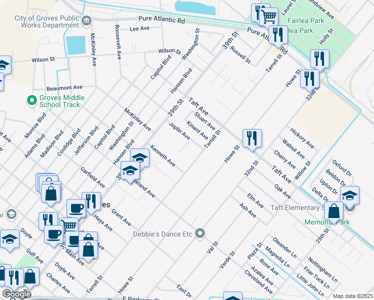 map of restaurants, bars, coffee shops, grocery stores, and more near 6721 Terrell Street in Groves