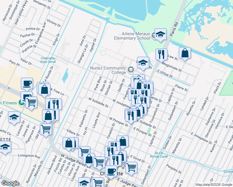 map of restaurants, bars, coffee shops, grocery stores, and more near 3411 Delille Street in Chalmette
