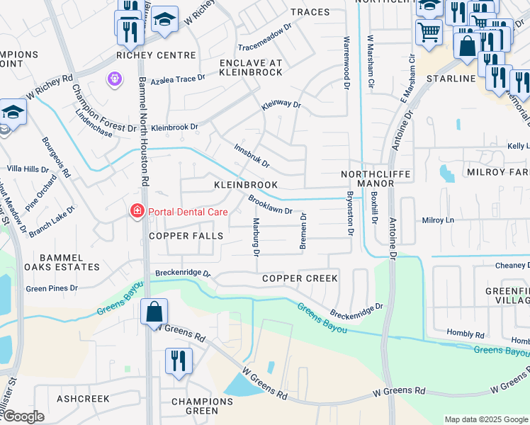 map of restaurants, bars, coffee shops, grocery stores, and more near 11906 Marburg Drive in Houston