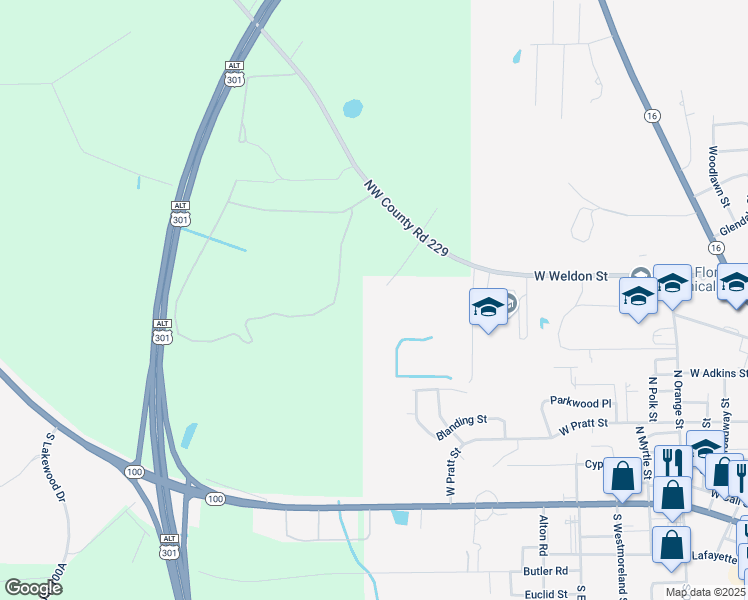 map of restaurants, bars, coffee shops, grocery stores, and more near 4856 Northwest Co Road 229 in Starke