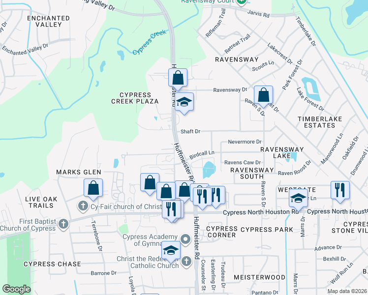 map of restaurants, bars, coffee shops, grocery stores, and more near Birdcall Lane in Cypress