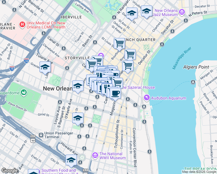 map of restaurants, bars, coffee shops, grocery stores, and more near 600 Canal Street in New Orleans