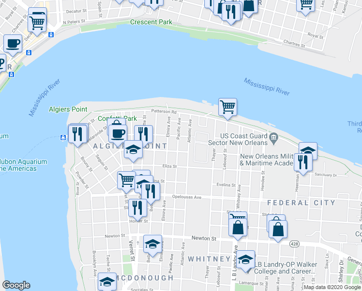 map of restaurants, bars, coffee shops, grocery stores, and more near 1020 Alix Street in New Orleans