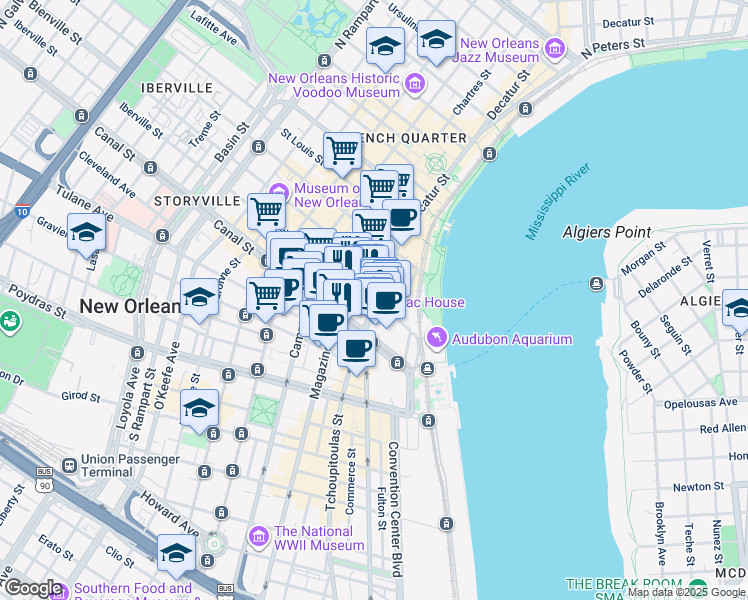 map of restaurants, bars, coffee shops, grocery stores, and more near 500 Poydras Street in New Orleans