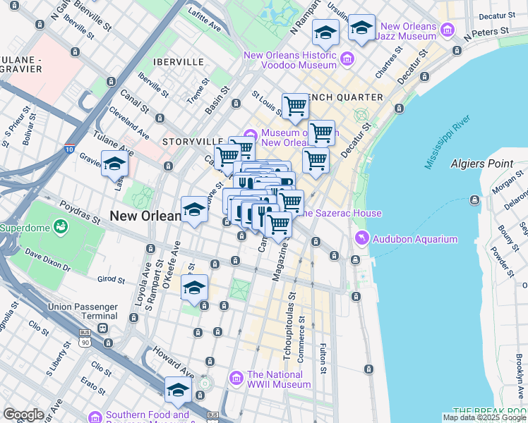 map of restaurants, bars, coffee shops, grocery stores, and more near 121 Saint Charles Avenue in New Orleans