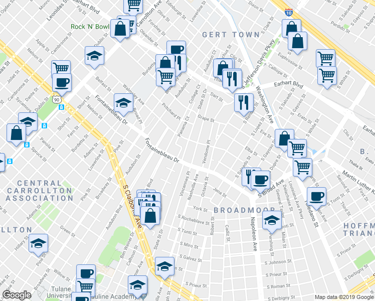 map of restaurants, bars, coffee shops, grocery stores, and more near 4018 Vincennes Place in New Orleans