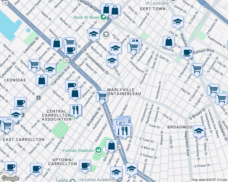 map of restaurants, bars, coffee shops, grocery stores, and more near 2419 Audubon Street in New Orleans