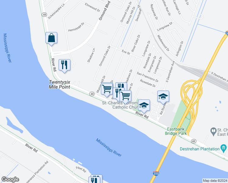 map of restaurants, bars, coffee shops, grocery stores, and more near 205 River Oaks Drive in Destrehan