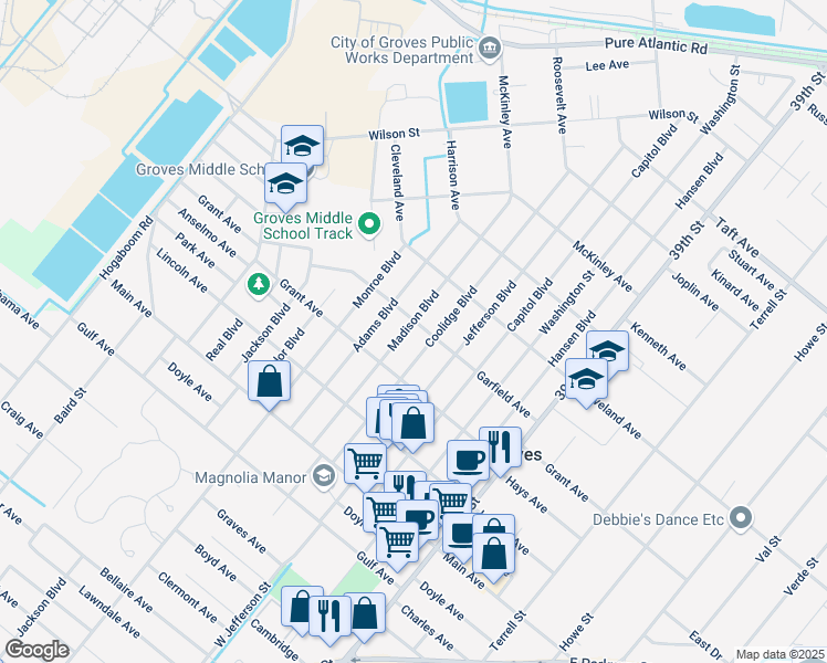 map of restaurants, bars, coffee shops, grocery stores, and more near 6380 Madison Boulevard in Groves