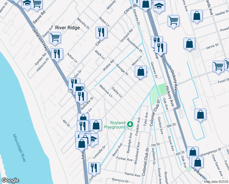 map of restaurants, bars, coffee shops, grocery stores, and more near 8908 Darby Lane in River Ridge