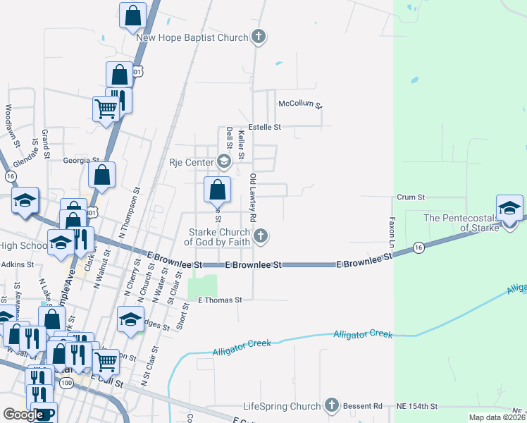 map of restaurants, bars, coffee shops, grocery stores, and more near 938 Old Lawtey Road in Starke