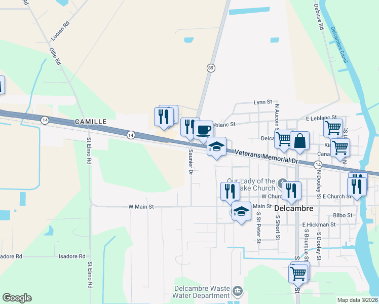 map of restaurants, bars, coffee shops, grocery stores, and more near 317 Saunier Drive in Delcambre