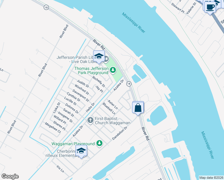 map of restaurants, bars, coffee shops, grocery stores, and more near 253 Azalea Drive in Westwego