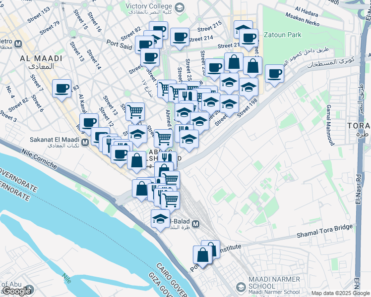 map of restaurants, bars, coffee shops, grocery stores, and more near Street 199 in Al Maadi