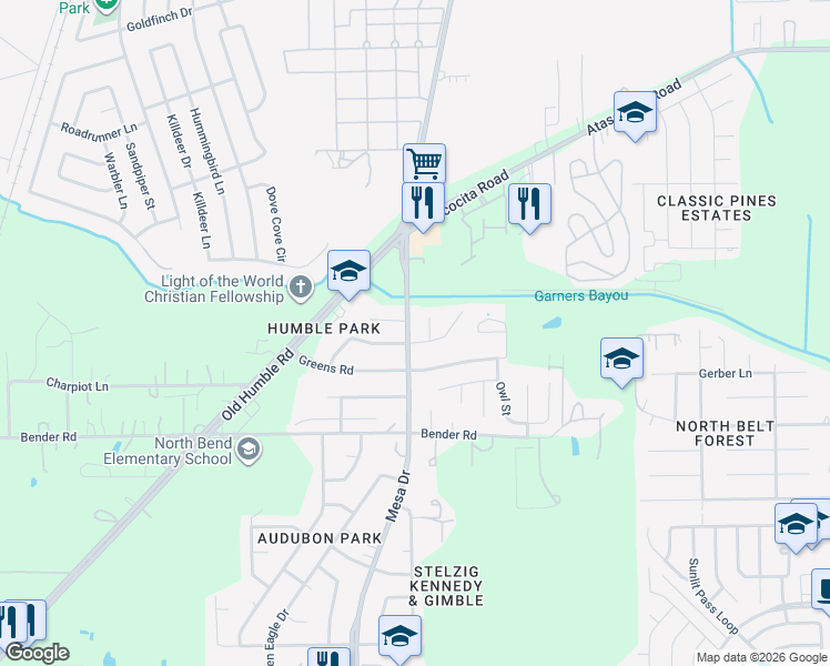 map of restaurants, bars, coffee shops, grocery stores, and more near 8026 Scarlet Tanager Drive in Humble