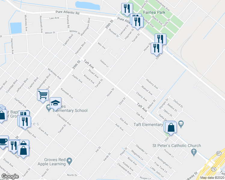 map of restaurants, bars, coffee shops, grocery stores, and more near 6852 Howe Street in Groves