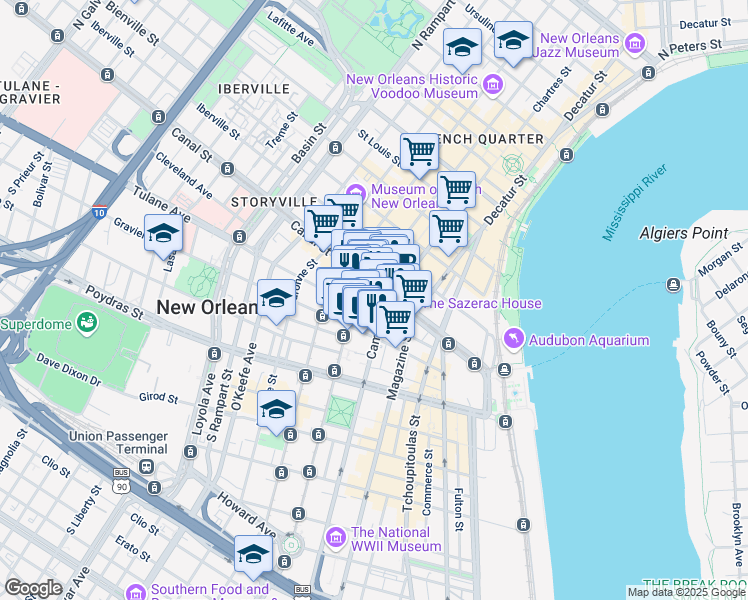 map of restaurants, bars, coffee shops, grocery stores, and more near 614 Canal Street in New Orleans