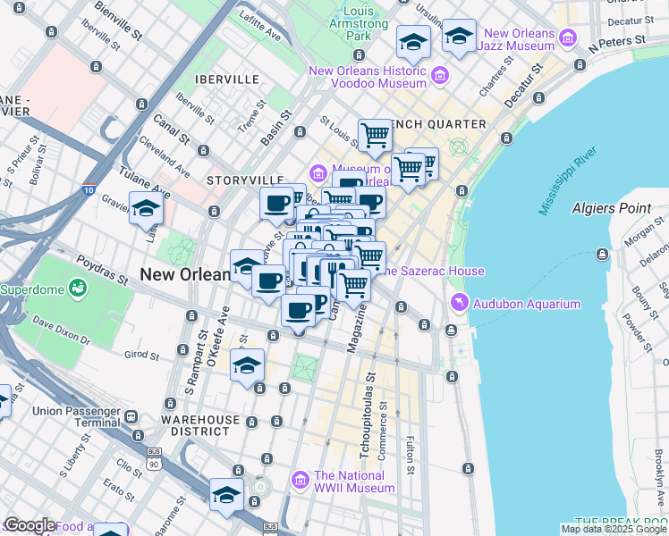 map of restaurants, bars, coffee shops, grocery stores, and more near 614 Canal Street in New Orleans