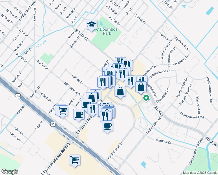 map of restaurants, bars, coffee shops, grocery stores, and more near 3004 Farm to Market Road 365 in Nederland