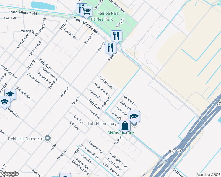 map of restaurants, bars, coffee shops, grocery stores, and more near 3131 Hickory Avenue in Groves