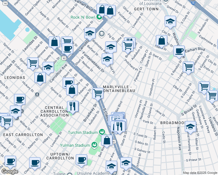 map of restaurants, bars, coffee shops, grocery stores, and more near 2419 Audubon Street in New Orleans