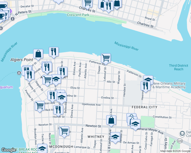 map of restaurants, bars, coffee shops, grocery stores, and more near Abalon Court in New Orleans