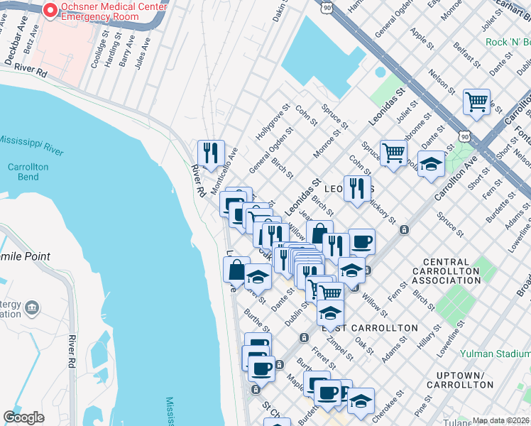 map of restaurants, bars, coffee shops, grocery stores, and more near 8623 Plum Street in New Orleans