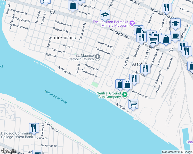 map of restaurants, bars, coffee shops, grocery stores, and more near 6321 Alhambra Street in New Orleans
