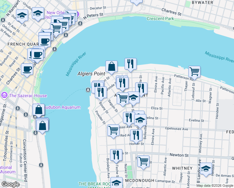 map of restaurants, bars, coffee shops, grocery stores, and more near 327 Pelican Avenue in New Orleans