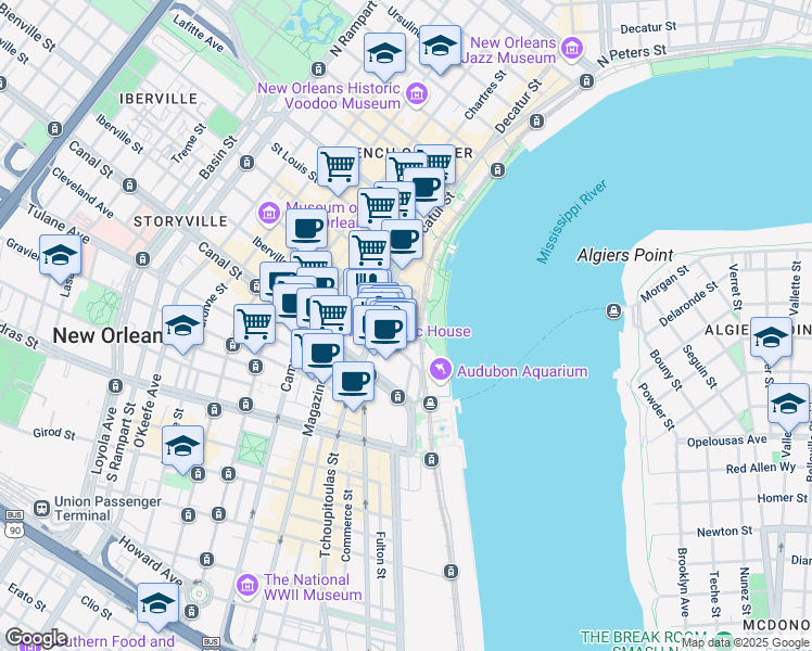 map of restaurants, bars, coffee shops, grocery stores, and more near 111 Iberville Street in New Orleans