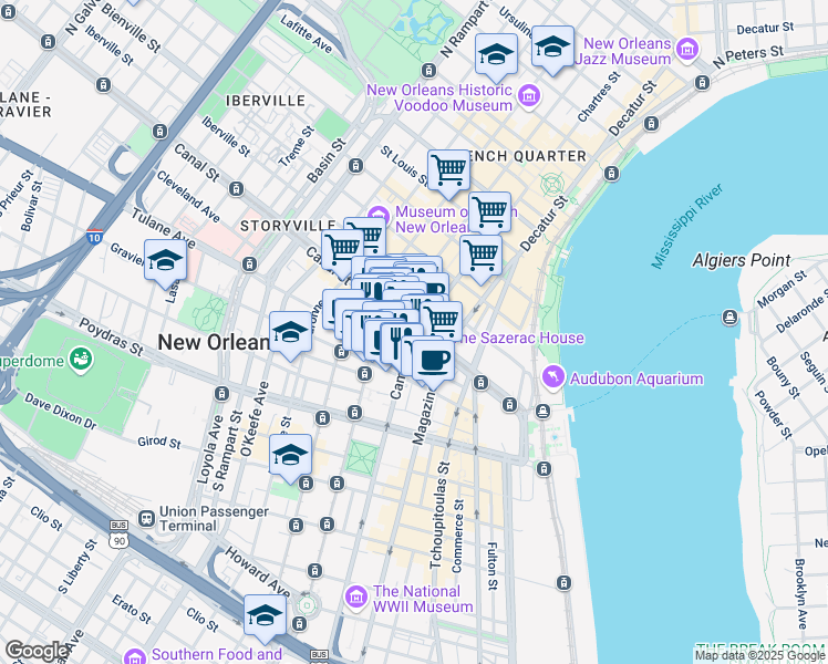 map of restaurants, bars, coffee shops, grocery stores, and more near 121 Saint Charles Avenue in New Orleans