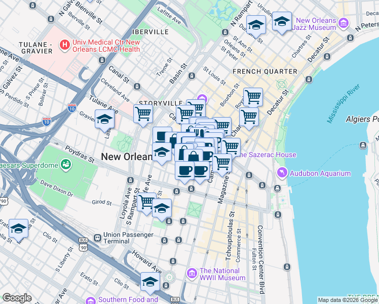 map of restaurants, bars, coffee shops, grocery stores, and more near 707 Gravier Street in New Orleans