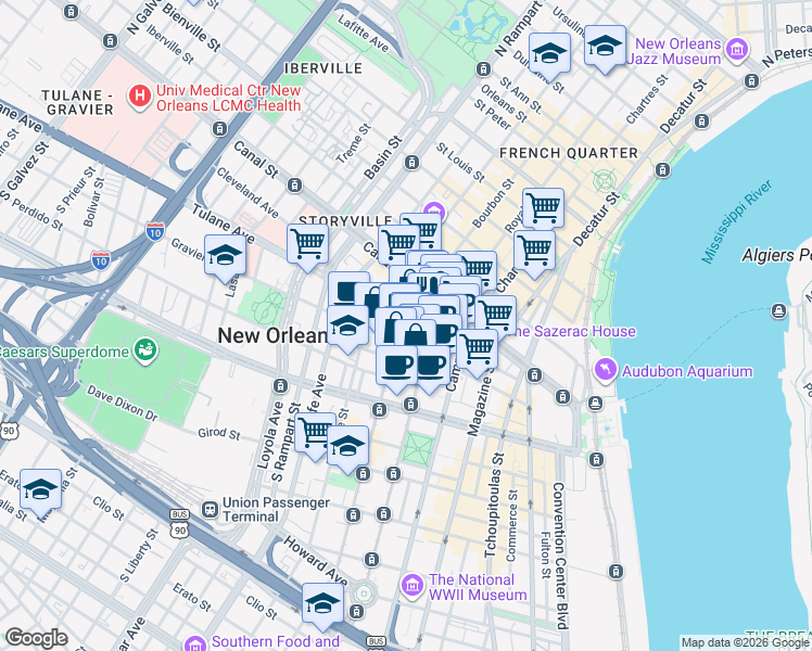 map of restaurants, bars, coffee shops, grocery stores, and more near in New Orleans