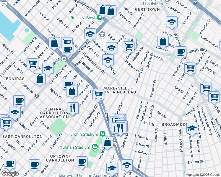 map of restaurants, bars, coffee shops, grocery stores, and more near 2419 Audubon Street in New Orleans